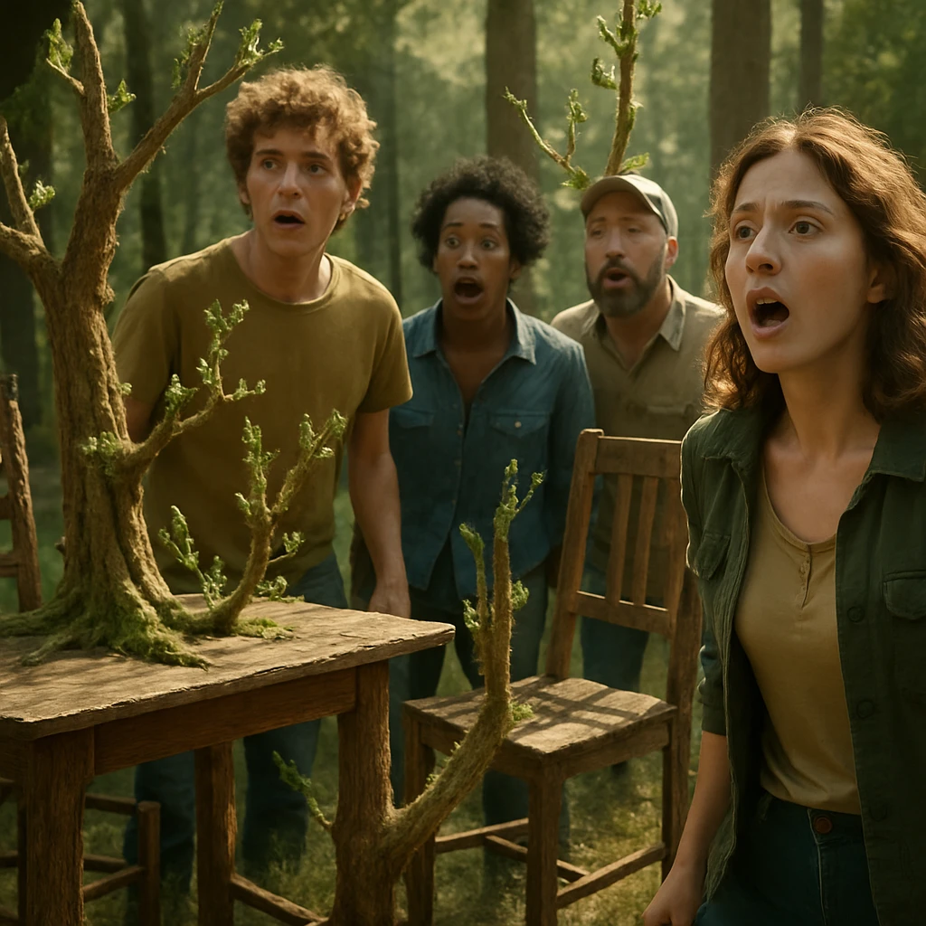 森林の中で木製の椅子やテーブルが新芽や枝を伸ばして木に戻り始め、驚く人々が立ち尽くしている様子。