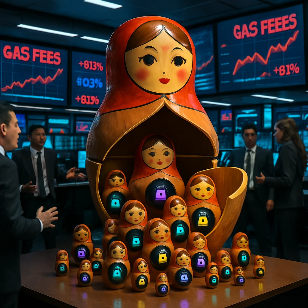 巨大なマトリョーシカ型ウォレットから小型の人形やデジタル表示があふれ出し、トレーディングフロアで人々が困惑して見つめている様子。