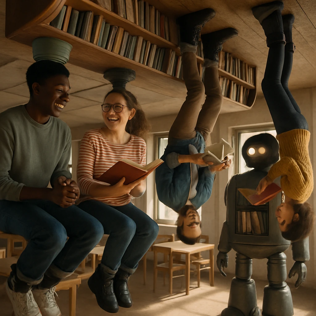 天井に逆さまにぶら下がる人々が歓談しながら逆さ本を読む、不思議なコミュニティスペースの室内写真。