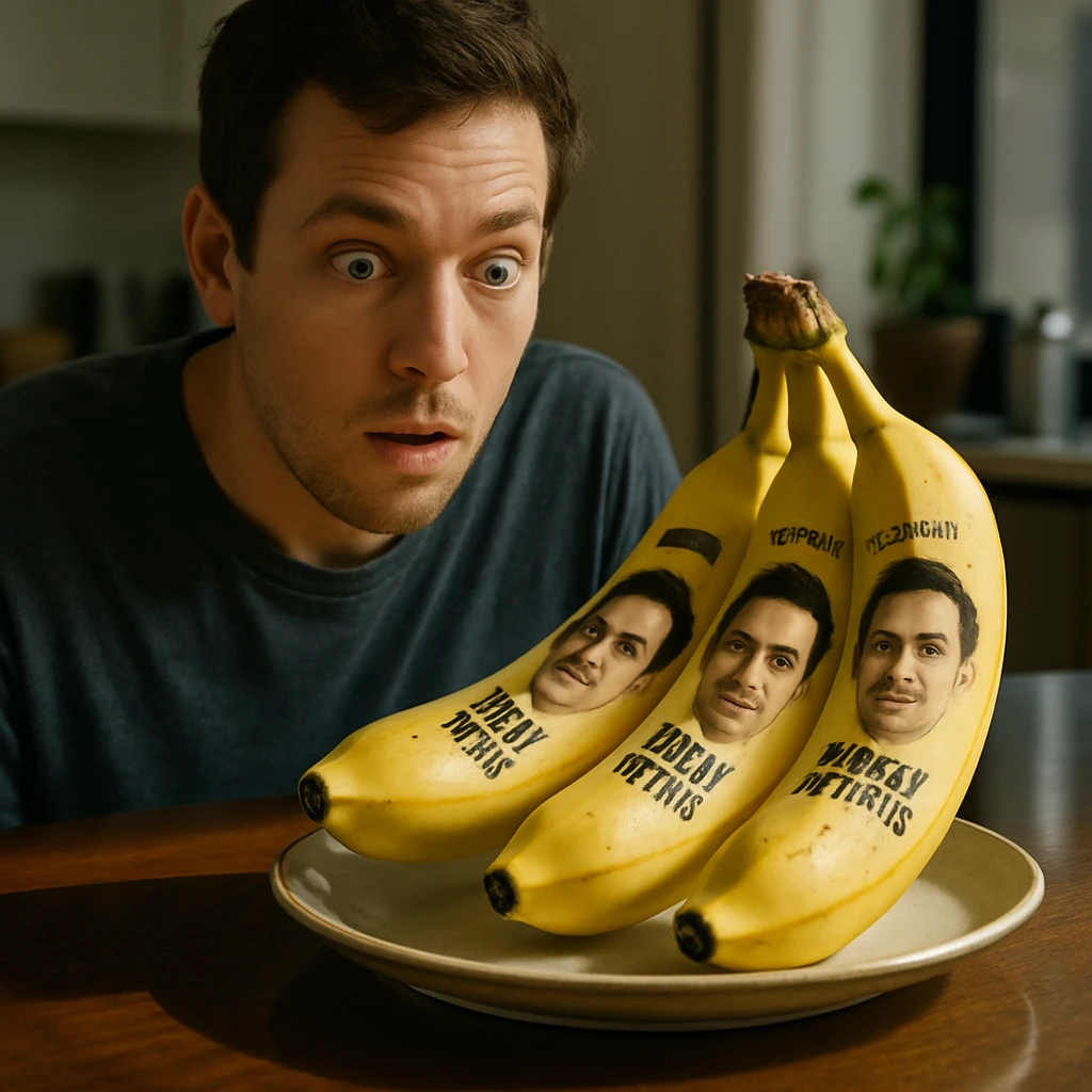 テーブルの上の皿に、顔写真やメッセージが印刷されたリアルな人間そっくりのバナナ3本を驚きながら見つめる人物。