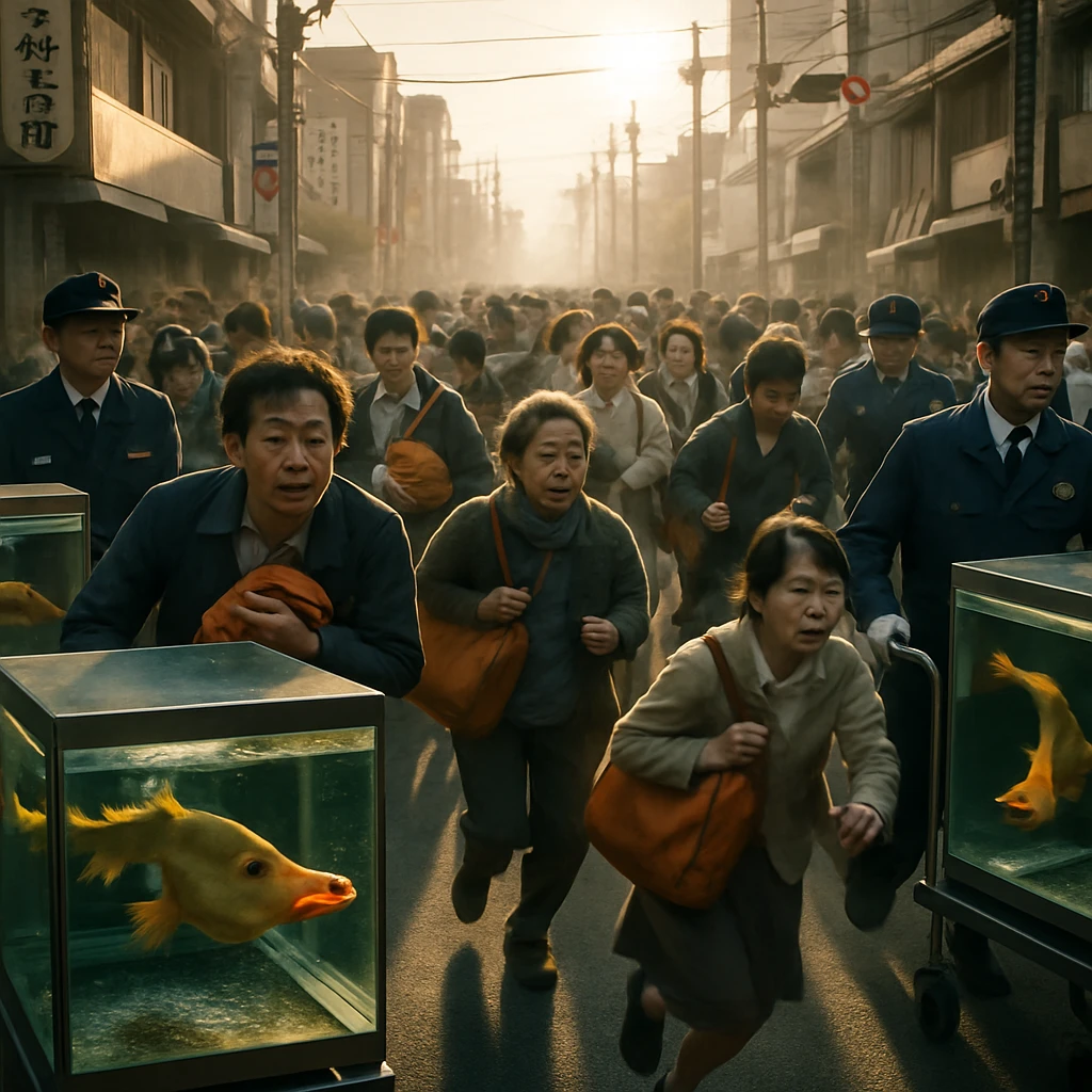 町中を避難する人々と、その先導役として大きな水槽の中で鳴らされるトランペットウオが映る混乱した朝の様子。