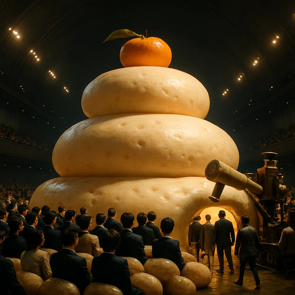 巨大な鏡餅型の議場の内部で、多様な議員たちが粘着性のある議席に座り、入口では餅つき機械が稼働している様子。