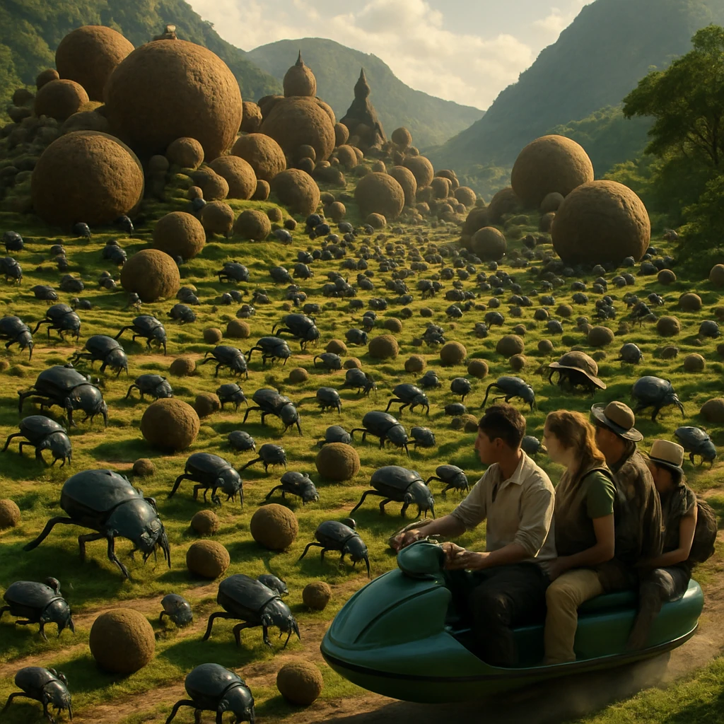 緑豊かな渓谷に築かれた巨大なフンコロガシ団地で、多数のフンコロガシと、空飛ぶグリーンスクーターに乗る観光客たちが交流している様子。