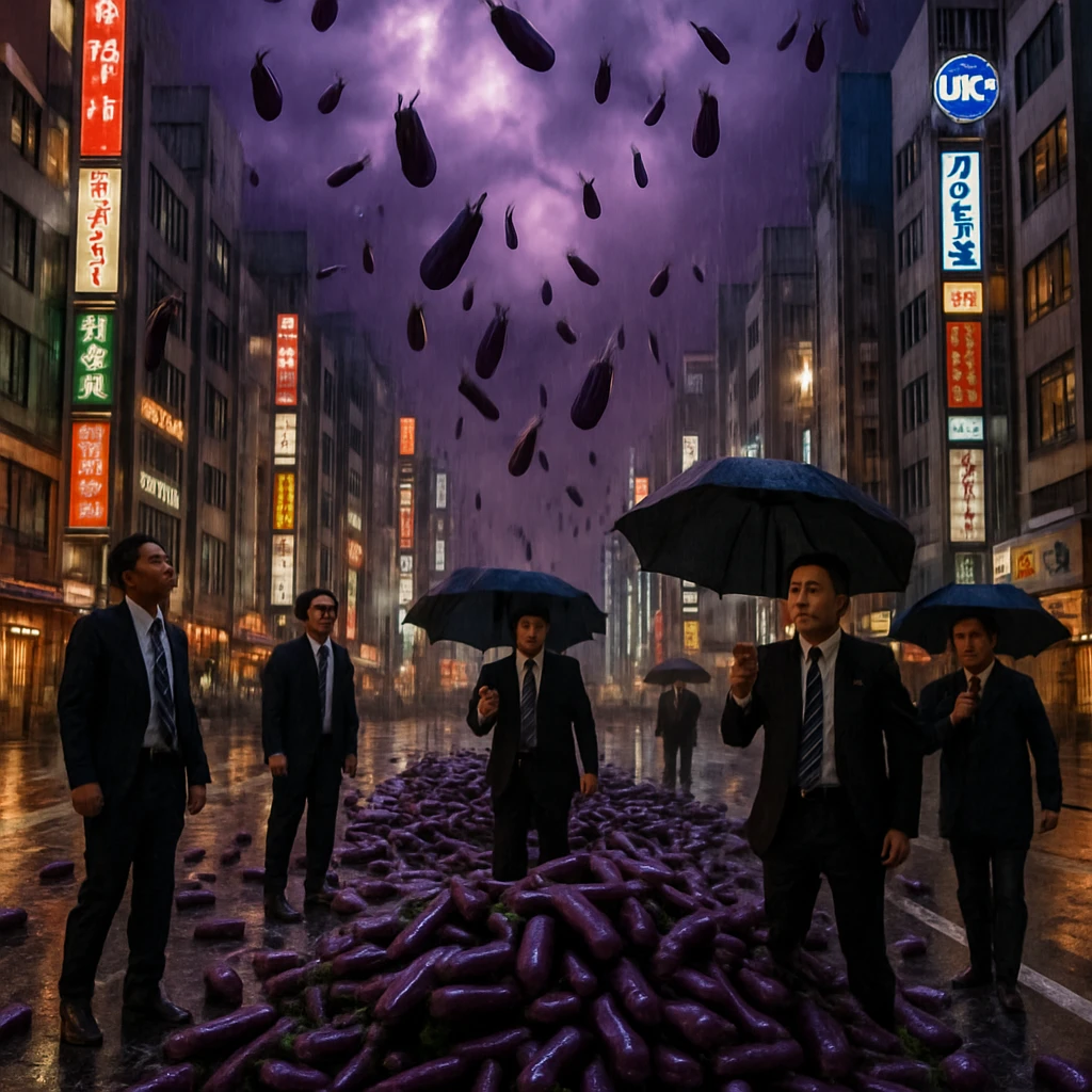 東京都心の道路に大量の茄子が降り注ぎ、人々が驚きながら傘を差している様子。