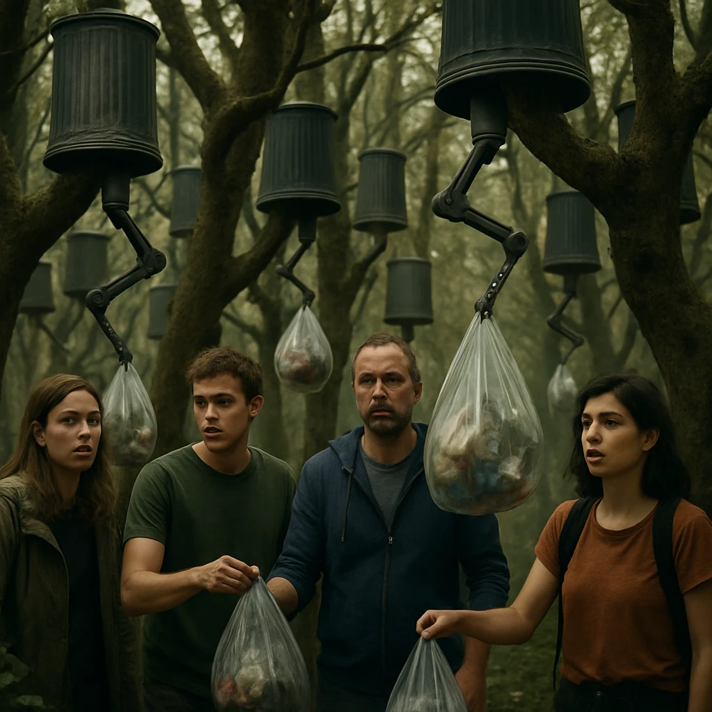 逆さにゴミ箱がぶら下がる人工樹木の森で、人々が自分のゴミの入った袋を受け取る場面。