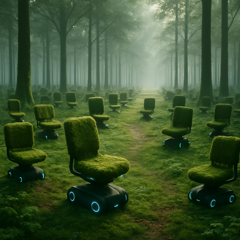 苔むした人工の森の中を自走する多種多様な椅子が整然と並び、奥へ進んでいる場面。