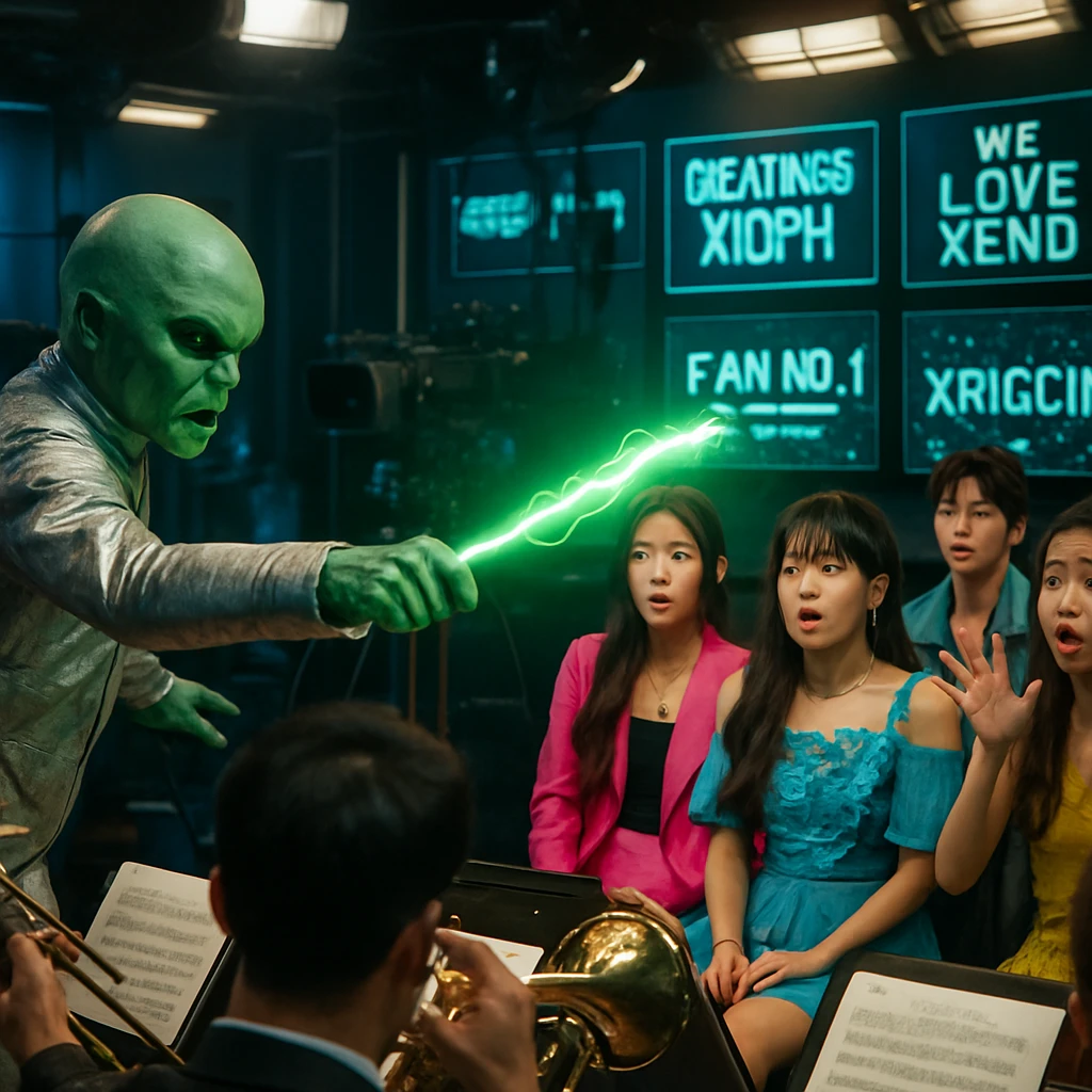 銀色のスーツを着た異星人指揮者が、巨大な光る棒を振りながらK-POPアイドルたちと共に最先端のスタジオに立つ瞬間を写した写真。