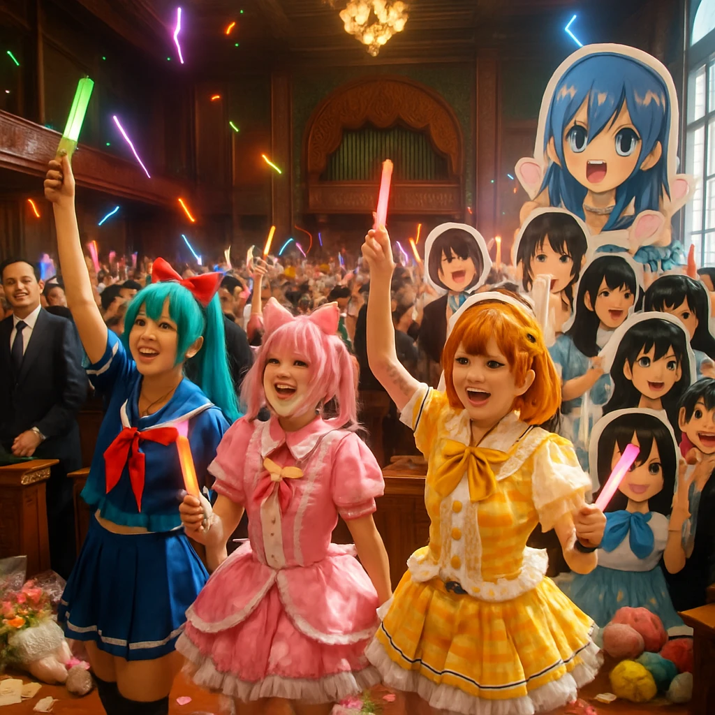 国会議事堂の中で若者たちがコスプレとペンライトで華やかに盛り上がる様子を写した写真。