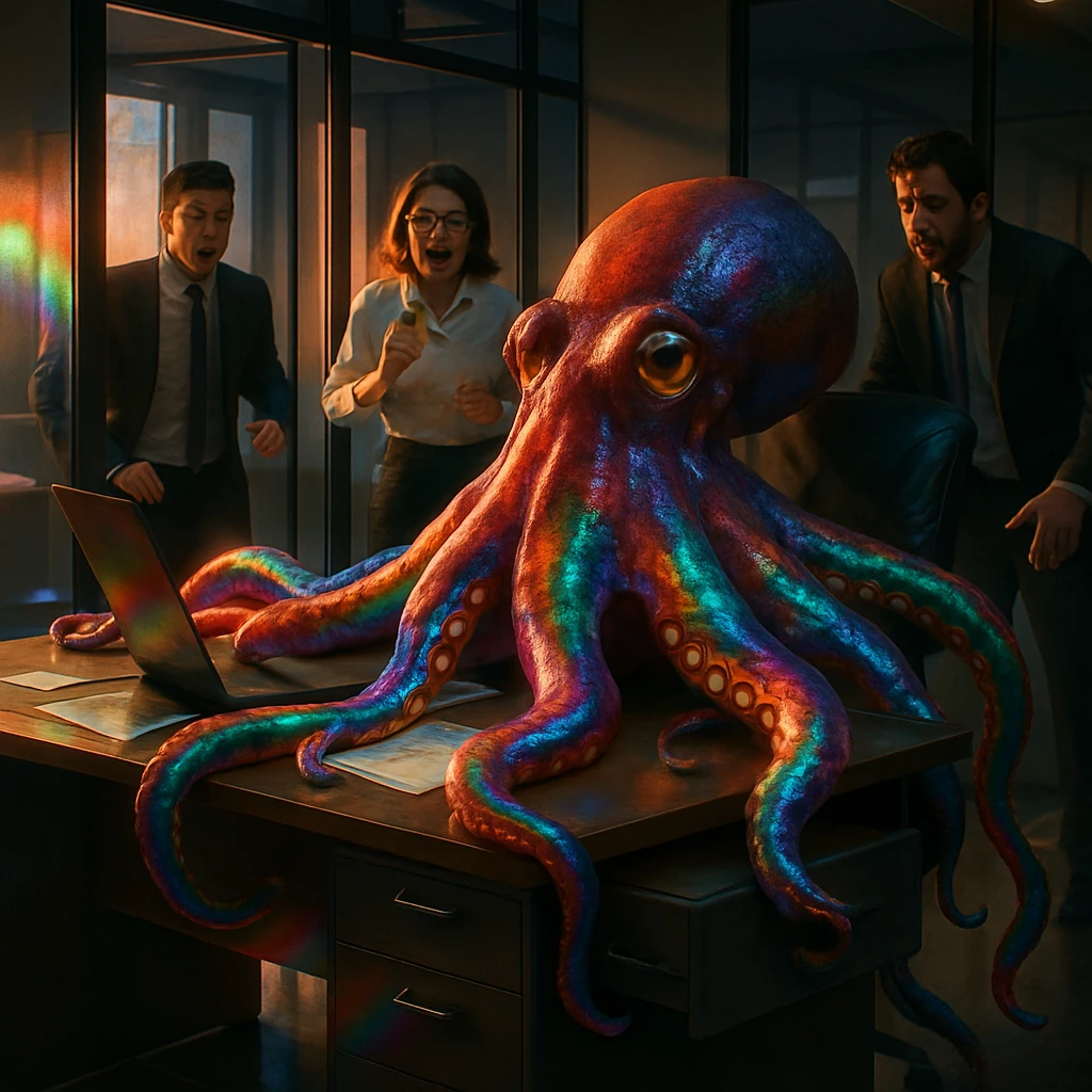 オフィスのデスクに座る巨大な虹色の触手を持つタコが社員たちを驚かせている様子のリアルな写真風画像。