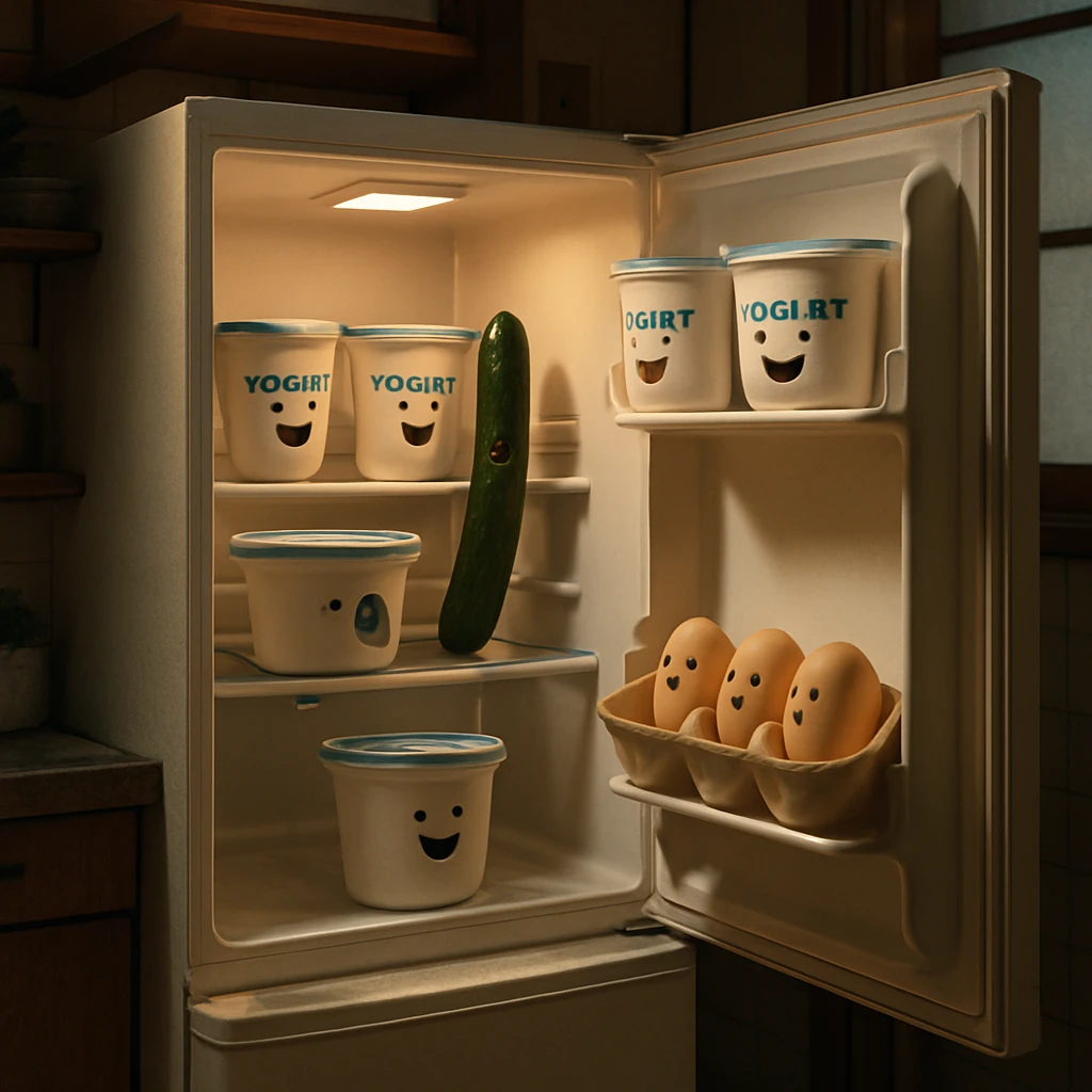 キッチンで扉を全開にした冷蔵庫の中で、ヨーグルトときゅうりが議論しているように並び、卵が拍手している様子。