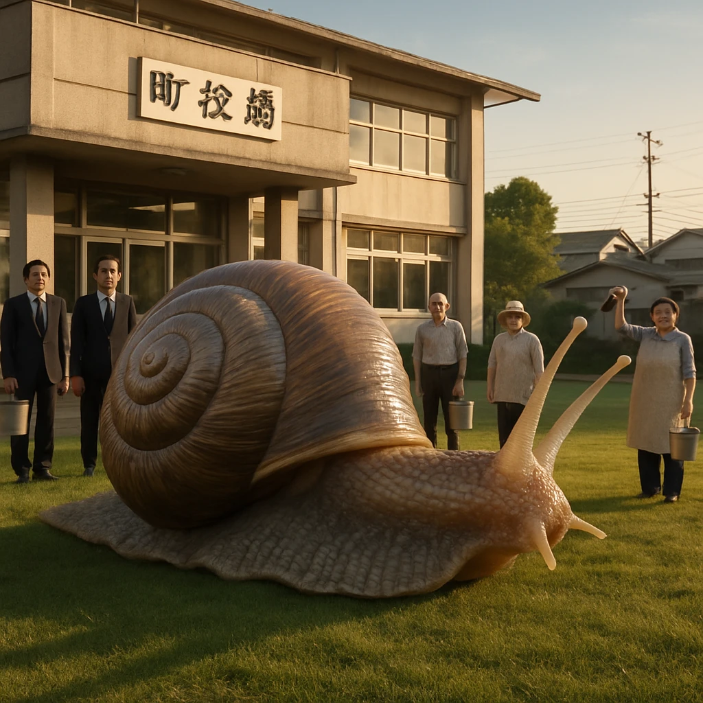 瑞雲町役場の芝生で、巨大なカタツムリの周囲に町職員や町民が集まっている様子。