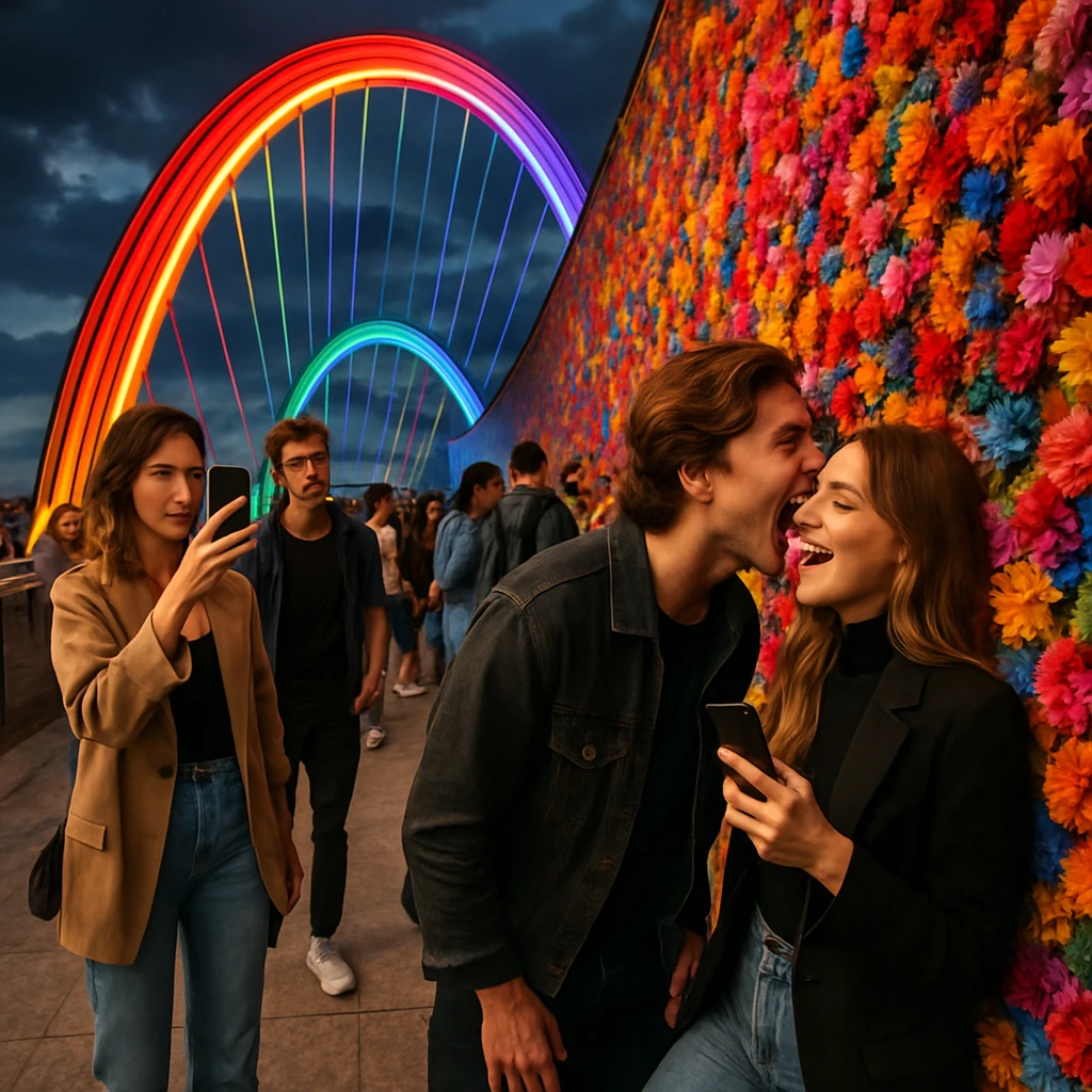 虹色に発光する橋のカラフルな人工花の壁を若者がかじり、周囲で人々がスマートフォンで撮影している様子。