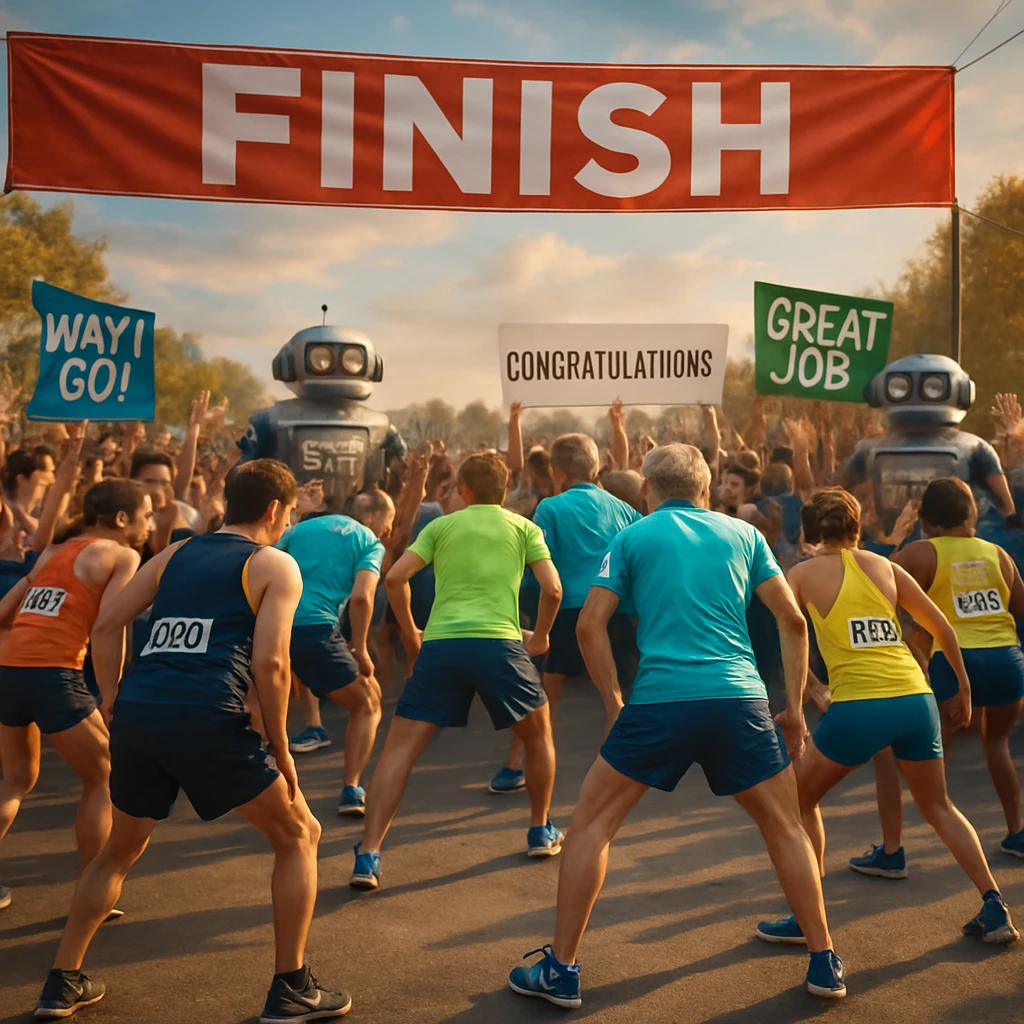 マラソンのフィニッシュ地点で、ランナーたちが逆方向に走り出そうとストレッチをしている姿が応援団やロボットに囲まれている様子。