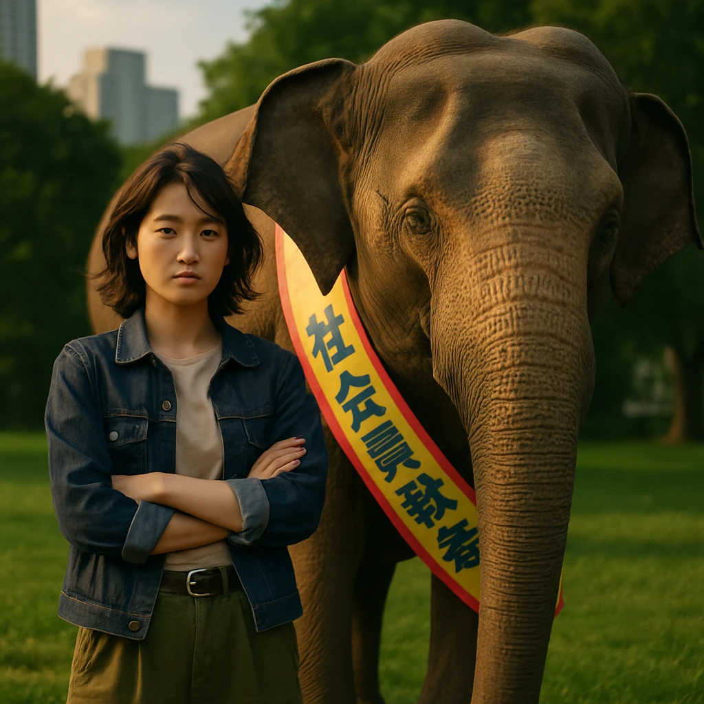 若い日本人活動家と『社会貢献』と書かれたたすきをかけた象が都会の公園で並んで立つ様子。