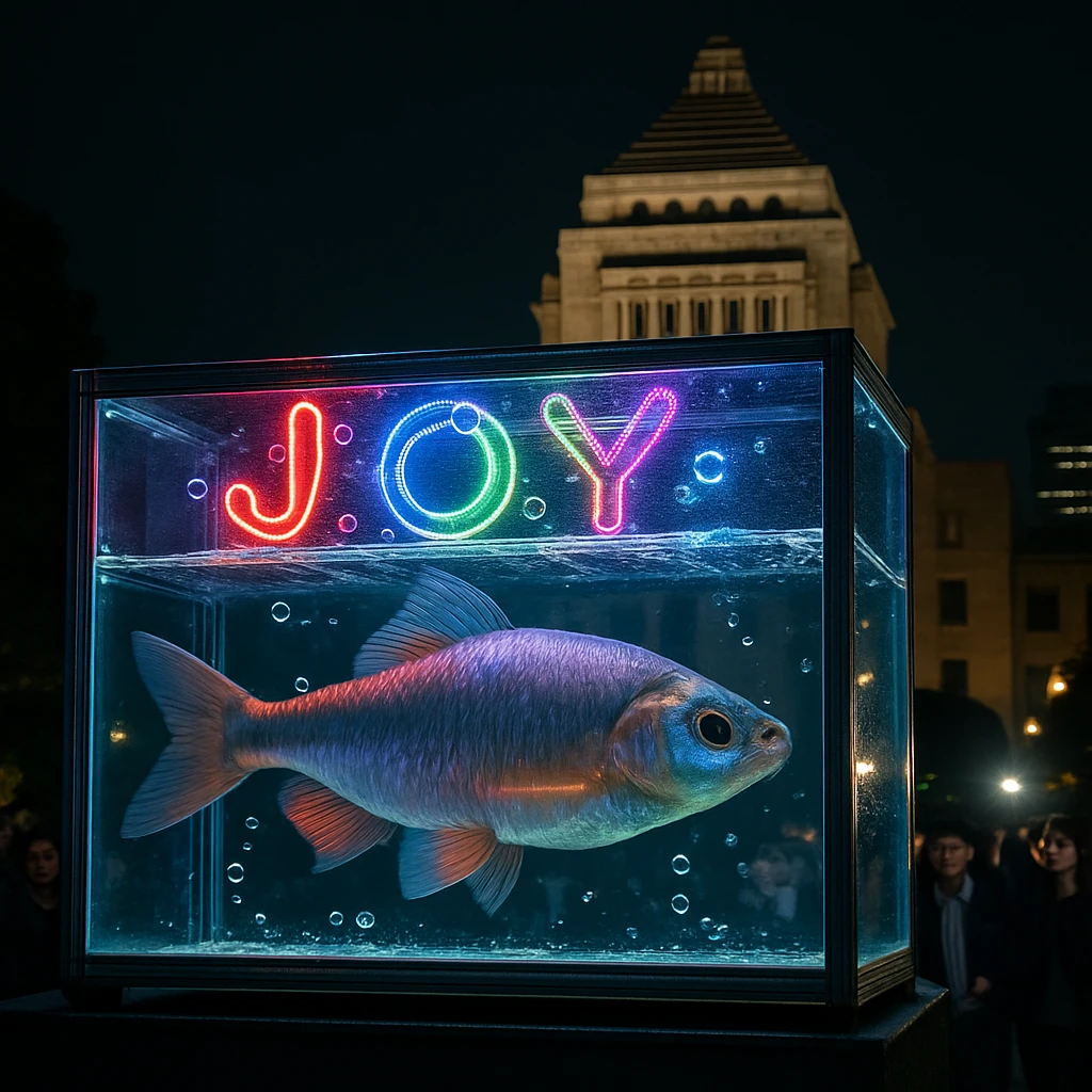 日本の国会議事堂前で巨大な移動式水槽の中を泳ぐ鮮やかな魚と、それを驚きながら見守る人々の様子。