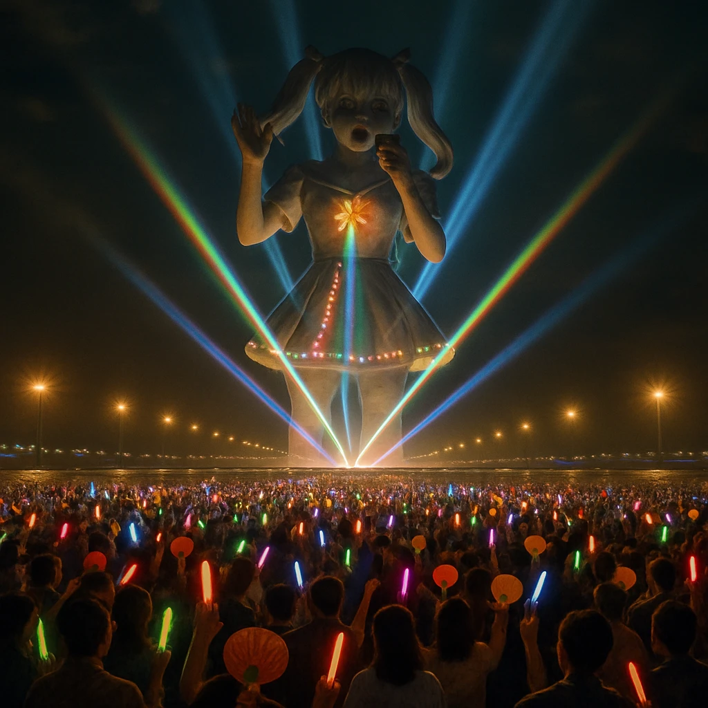 夜の空港滑走路が巨大なステージに変わり、カラフルなペンライトとうちわを振る大勢のファンと中央に輝く巨大なアイドル像が写る。