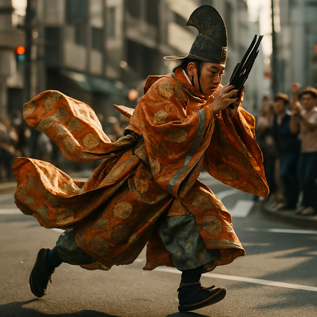 伝統的な雅楽装束を着た演者が笙を吹きながら市街地を全力で走り抜け、沿道の観客が熱狂する様子。