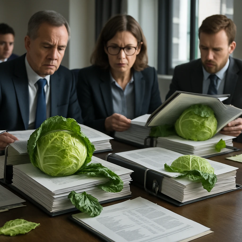会議室のテーブルにキャベツの葉が挟まれた分厚い決算書類をスーツ姿のビジネスマンたちが真剣に見つめている様子。