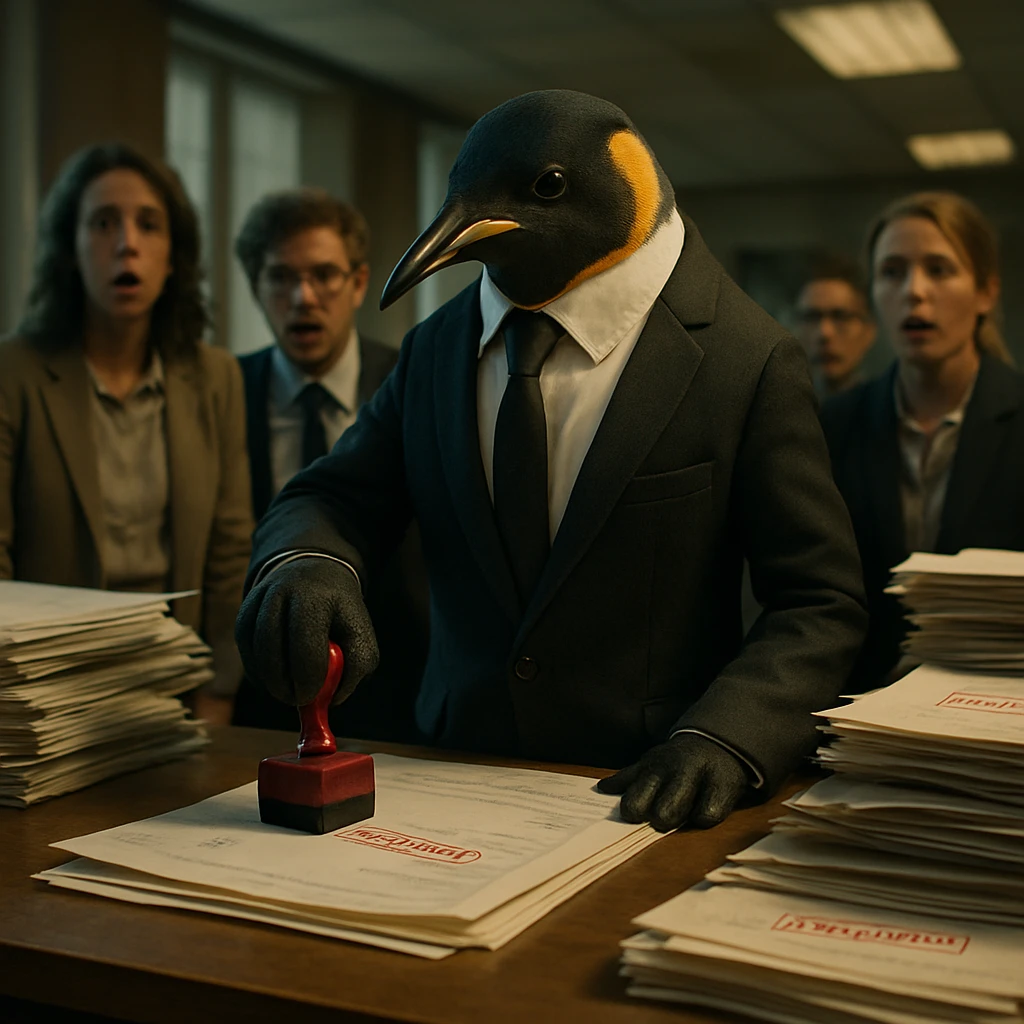 オフィスの机の上で印鑑を押すスーツ姿の皇帝ペンギンと、それを驚いた表情で見守る社員たちの写真です。