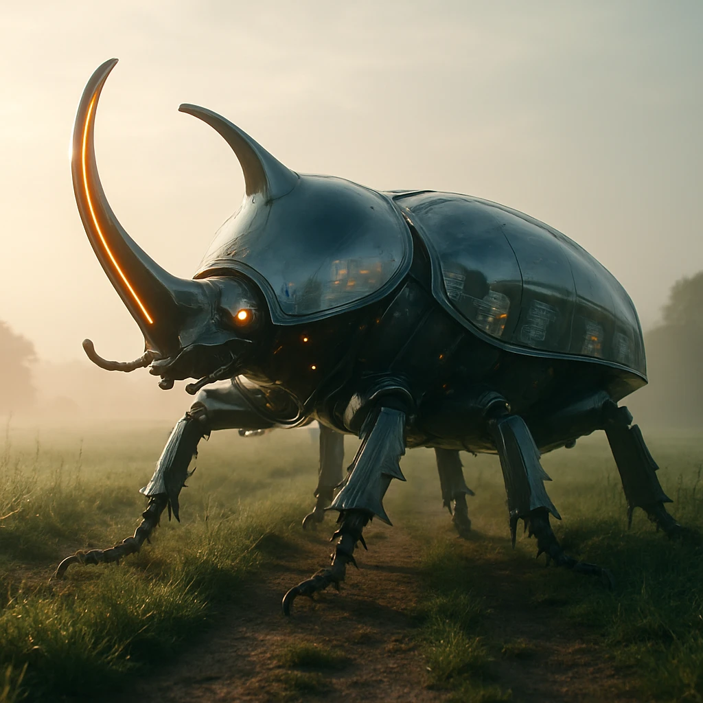 田園風景の中に巨大なロボットカブトムシがたたずみ、体に電子回路やインターフェースが組み込まれている写真。