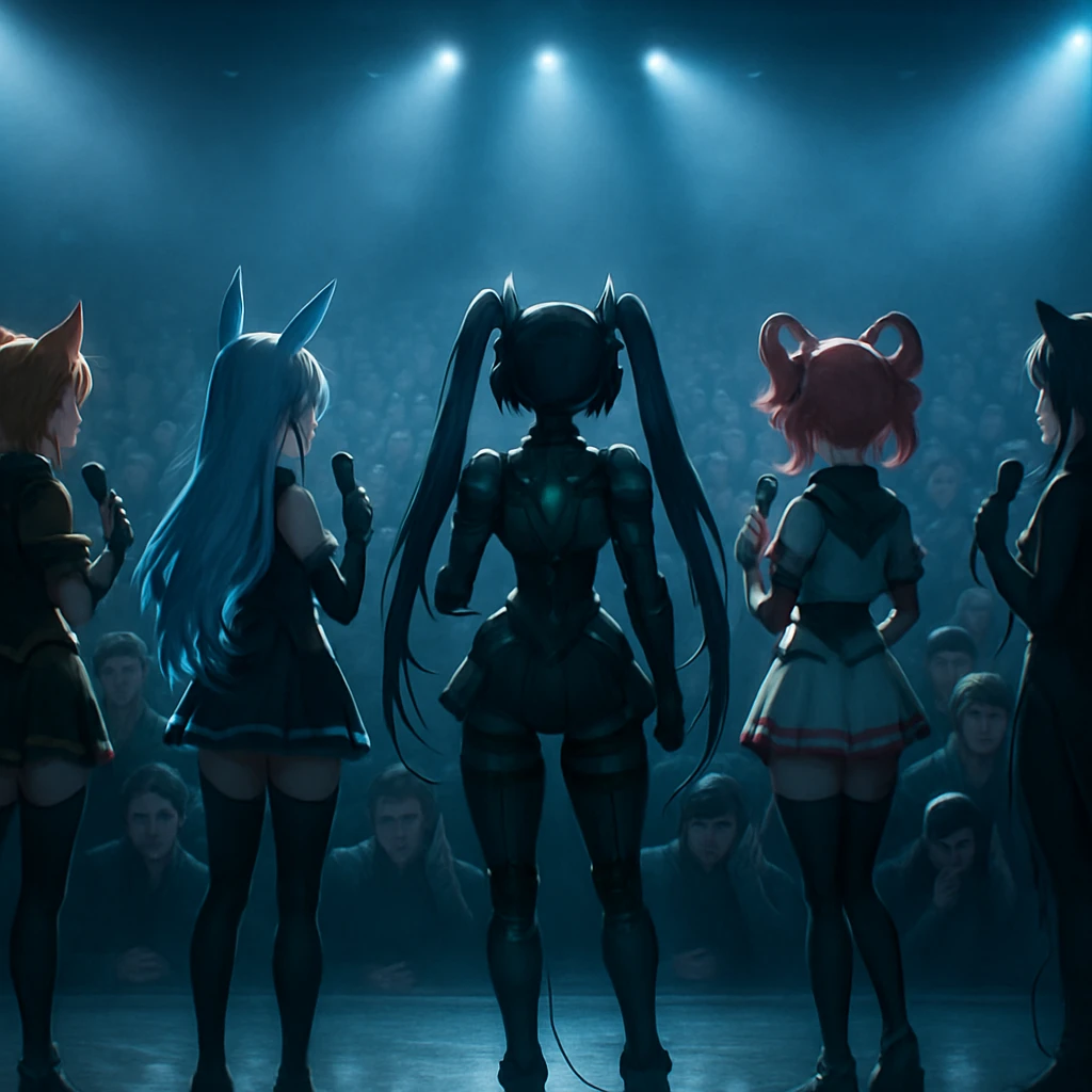 無音の舞台挨拶に登場した5人のVTuberキャラクターが、照明が輝くステージ上でミュートされたマイクを持ち、観客が静かに見守っている様子。