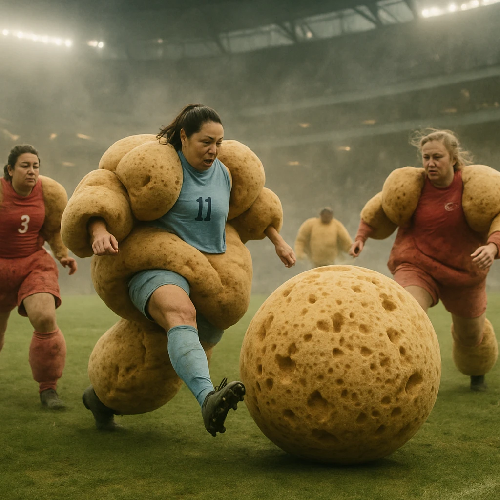 巨大なスポンジ素材のユニフォームを着た女子プロサッカー選手たちが重そうにフィールド上を動いている様子。