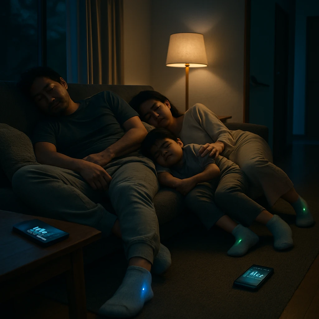 夜のリビングで家族が眠る中、それぞれが光るスマート靴下を履き、廊下では靴下が自立して動いている様子。