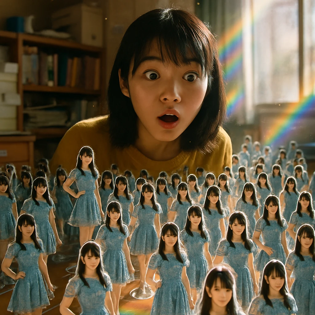 部屋中にアイドルのアクリルスタンドが増殖してあふれている様子を驚きの表情で見つめる若い女性。