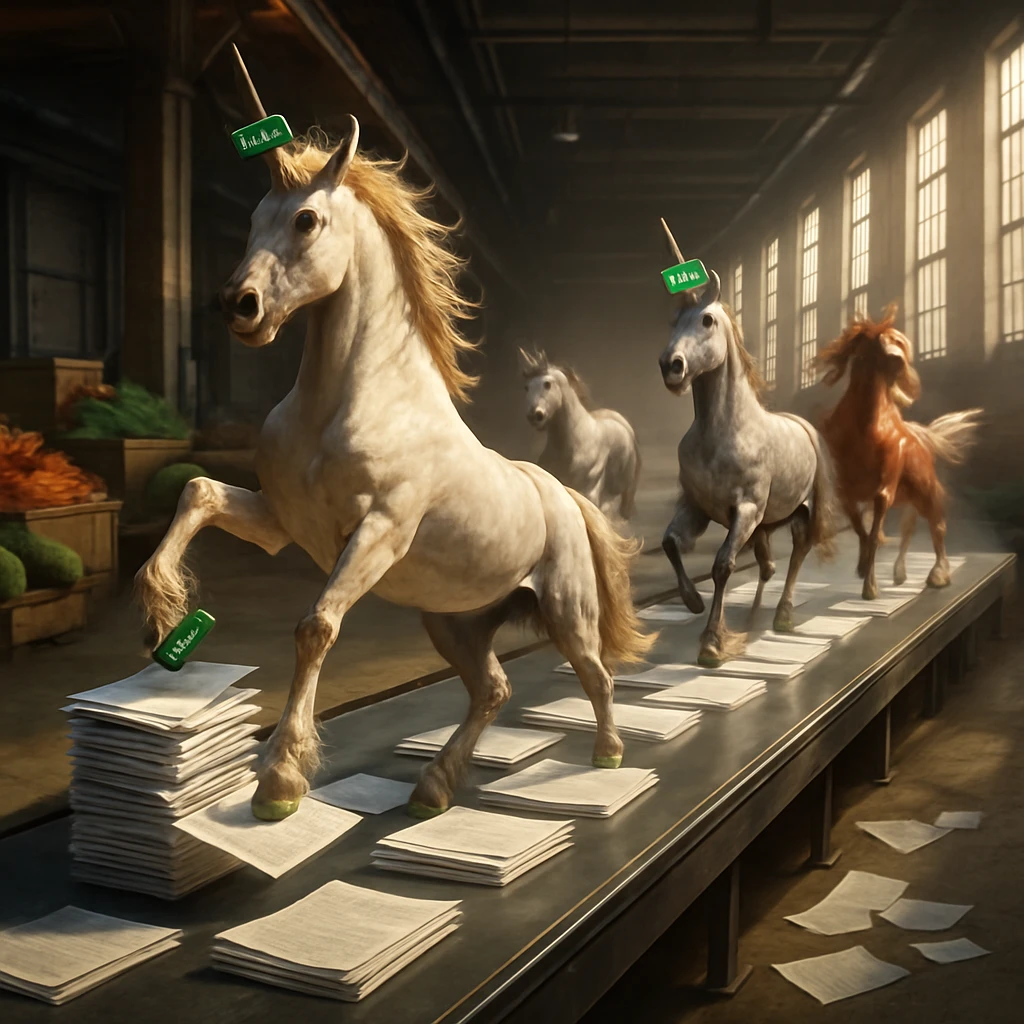 工場の長いベルトコンベア上を電子印鑑をつけた色とりどりのユニコーンたちが駆け抜け、周囲に書類やにんじん、スイカが積まれている様子。