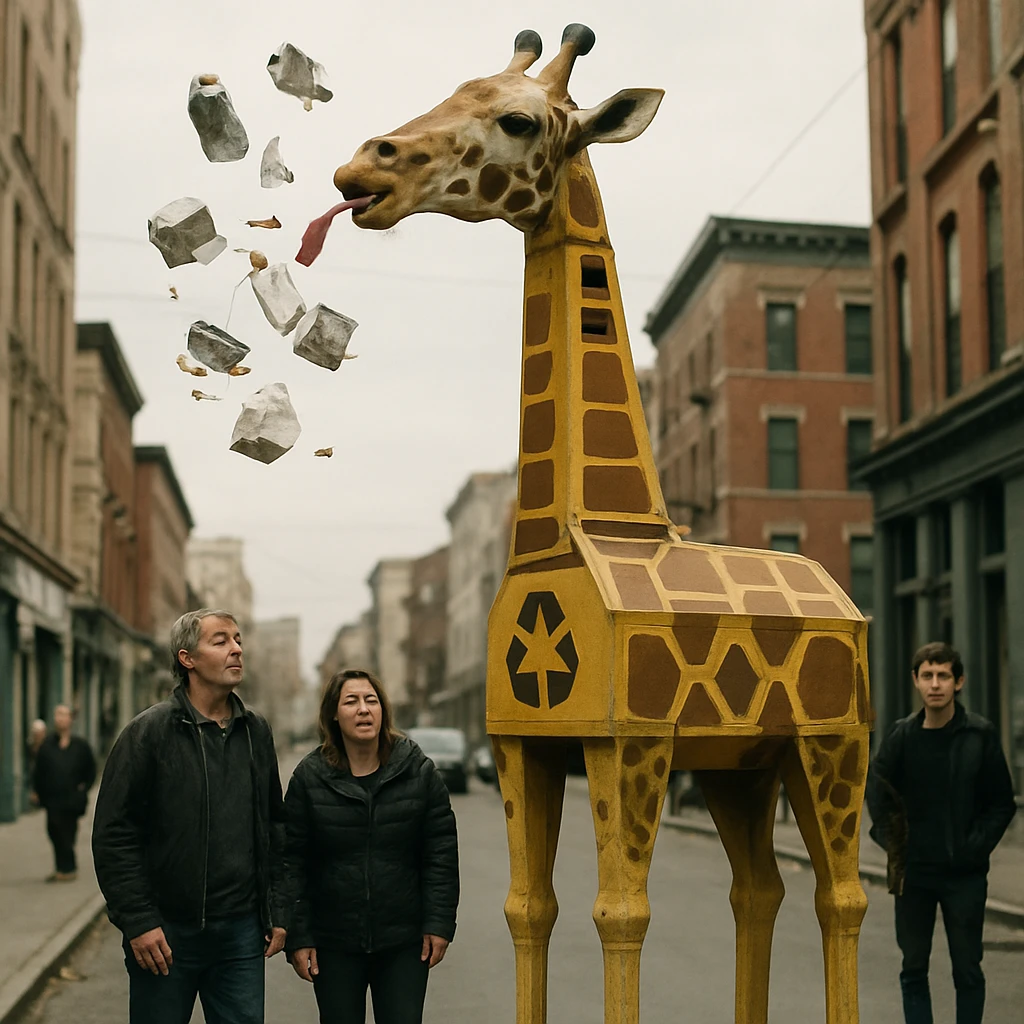 キリン型のリサイクルタワーが首を伸ばしてごみを吸い上げ、驚く住民たちがその様子を距離を取って見守っている街の様子。