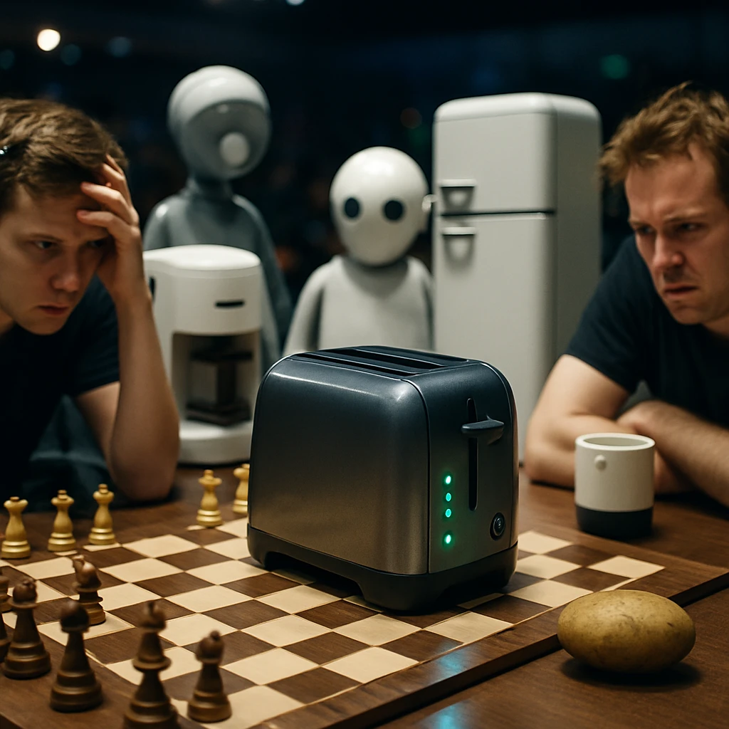 全自動トースターとじゃがいもがチェス盤の上に置かれ、周囲に人間や家電型AIが集まっているシーン。