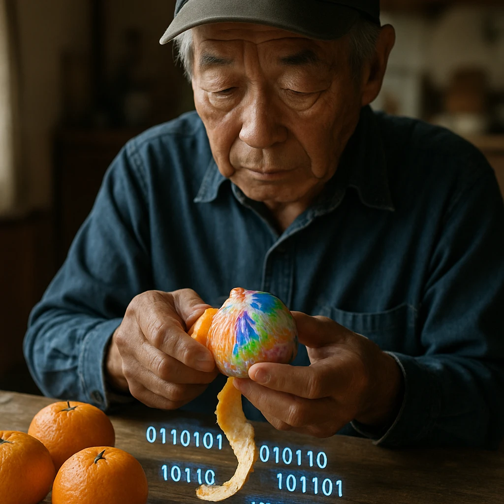 高齢の日本人農家が木製テーブルでみかんの皮をむいていると、皮の断面に不思議な模様が浮かび、空中にランダムな数字列が現れている様子の写真。