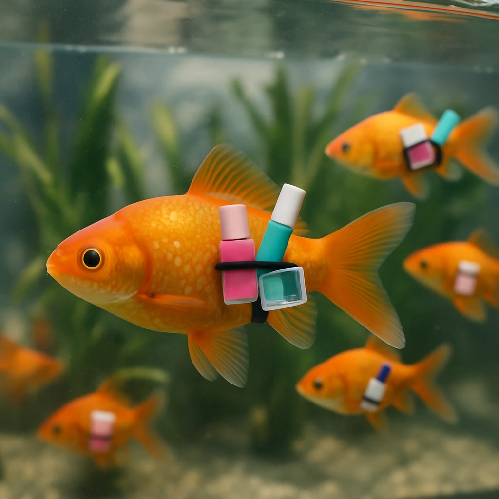 韓国コスメを背負った金魚が水槽の中を泳いでいる様子をリアルに捉えた写真。