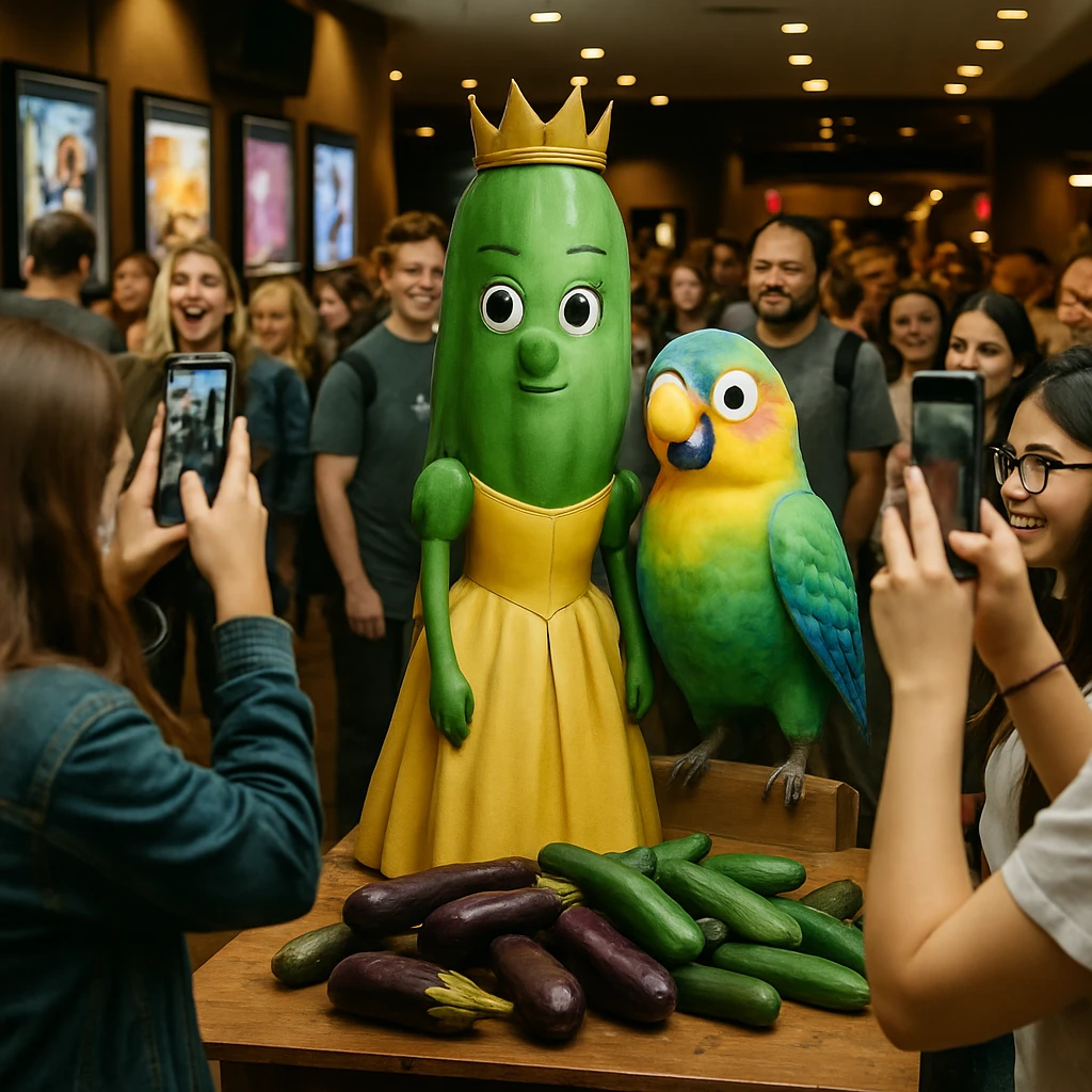 映画館のロビーで、きゅうり姫とインコの等身大パネルを囲んでファンが写真を撮っている様子。