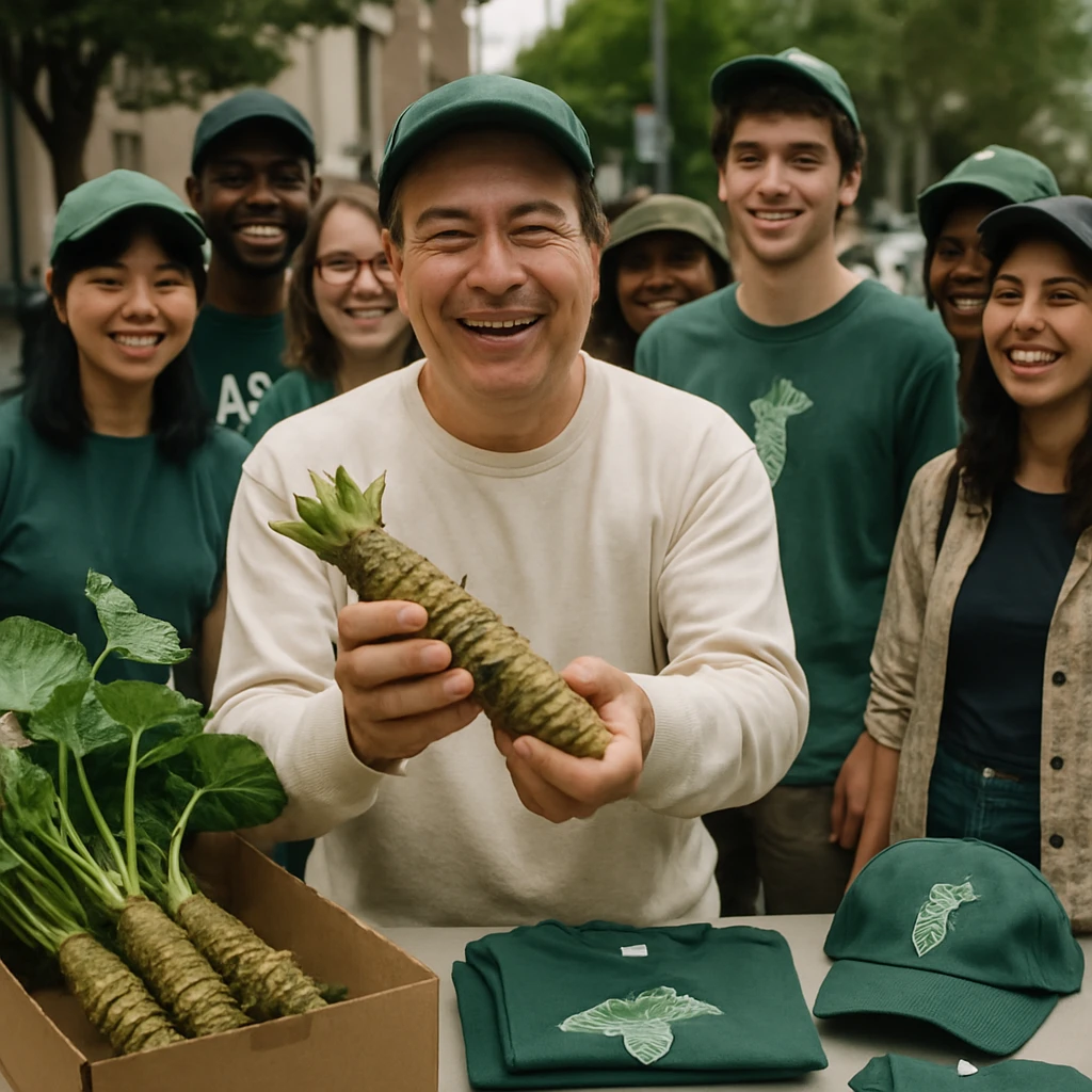 屋外で生ワサビやグッズを囲み、ワサビ推しファンたちが集まっている様子を写した写真。