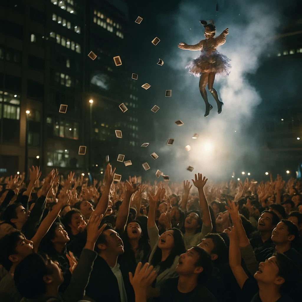 夜の広場で多くのファンが空から降ってくるチェキを手を伸ばして受け取ろうとしている様子。