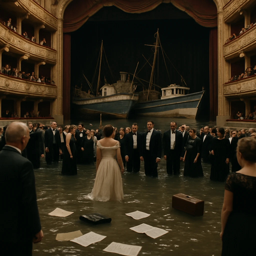 水に冠水したオペラ座の舞台上にマグロ漁船団が浮かび、観客と出演者が水に足を浸している様子の実写風写真。