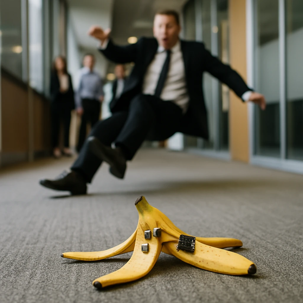 オフィスの廊下でスーツ姿のビジネスパーソンがセンサー付きバナナの皮を踏んで滑りそうになっている瞬間のリアルな写真。