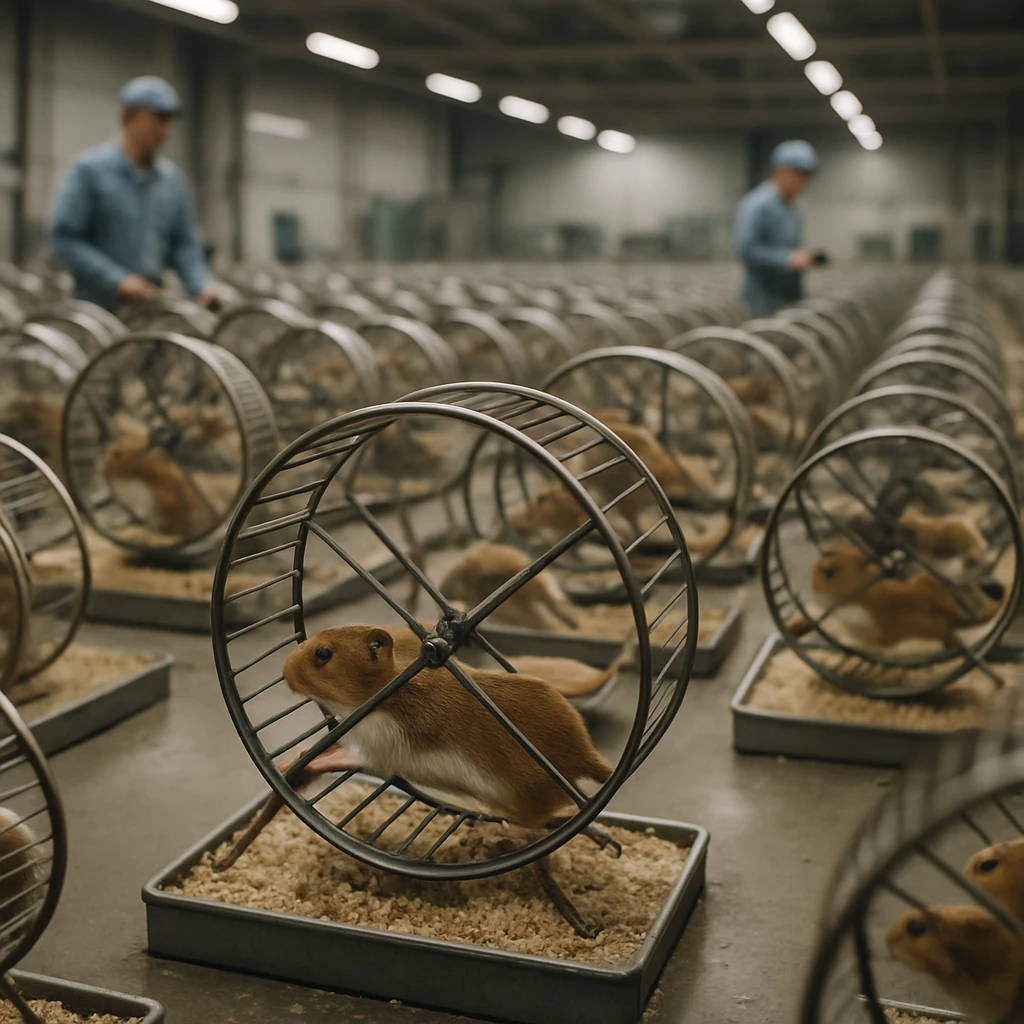 巨大な屋内発電施設で多数のハムスターが回し車を全力で回し、背景に飼育員たちが設備を監視している様子の写真。
