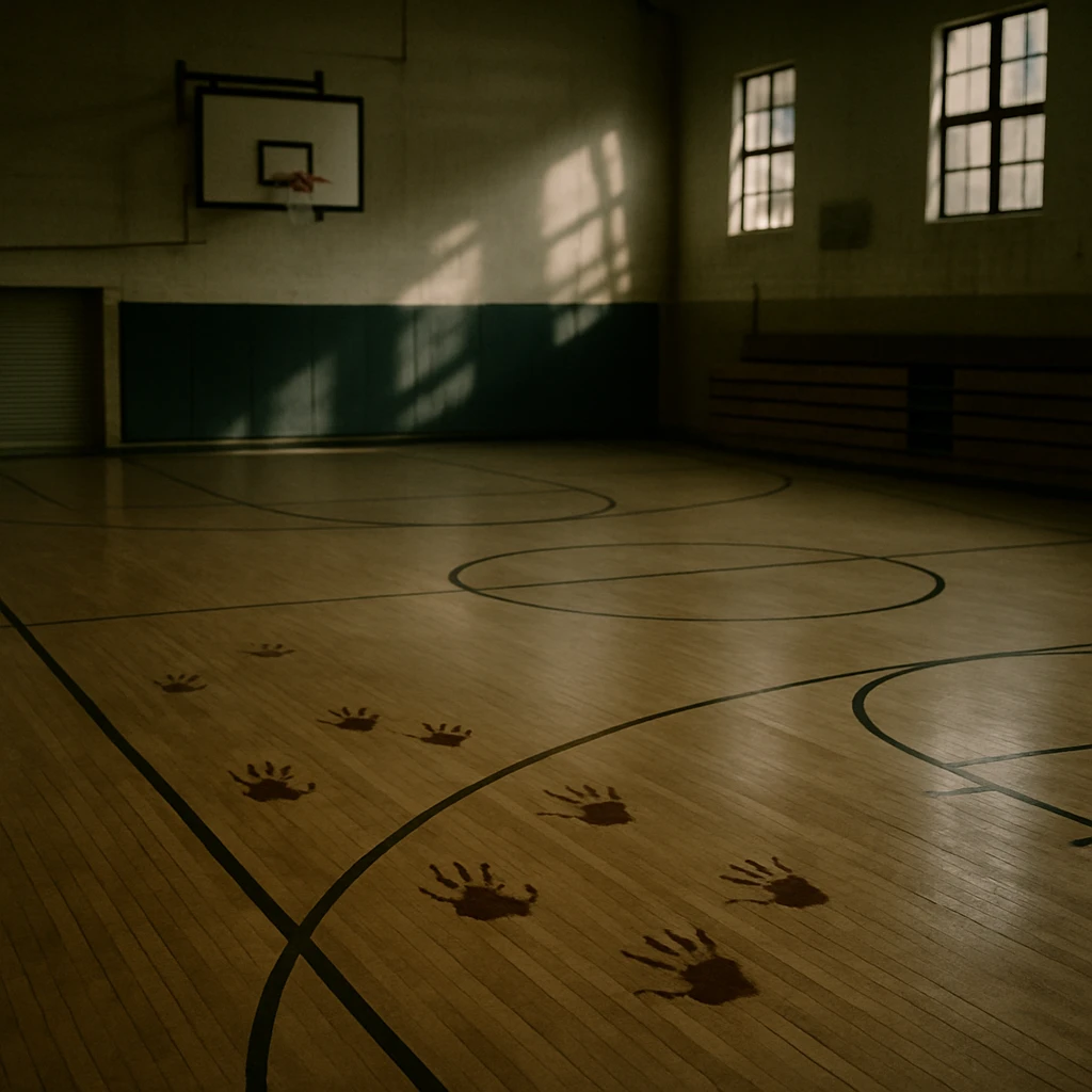 無人の体育館のバスケットコートに左手形が散らばり、壁に謎の影が映る様子の写真。