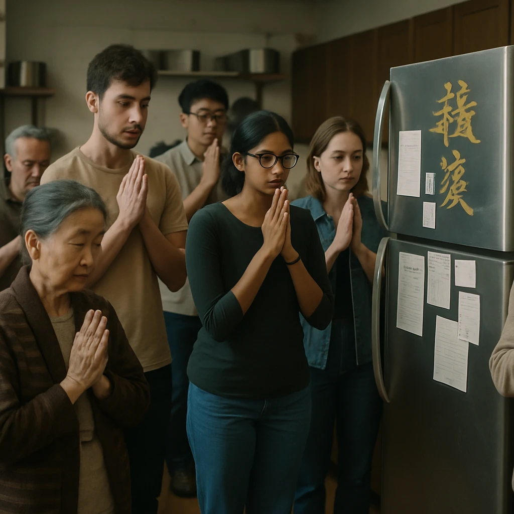 シェアハウスの共用キッチンで多国籍の住民たちが金色の文字が描かれた冷蔵庫の前に手を合わせて集まっている写真。