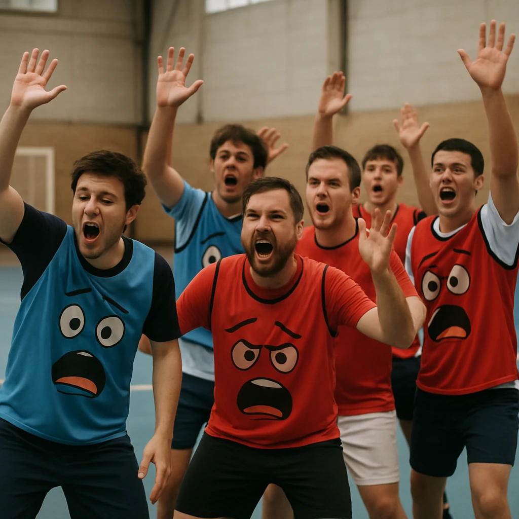 複数のプレイヤーがそれぞれ手を挙げ、表情がユニークな青や赤のビブスを着て混乱する室内フットサルコートの様子。