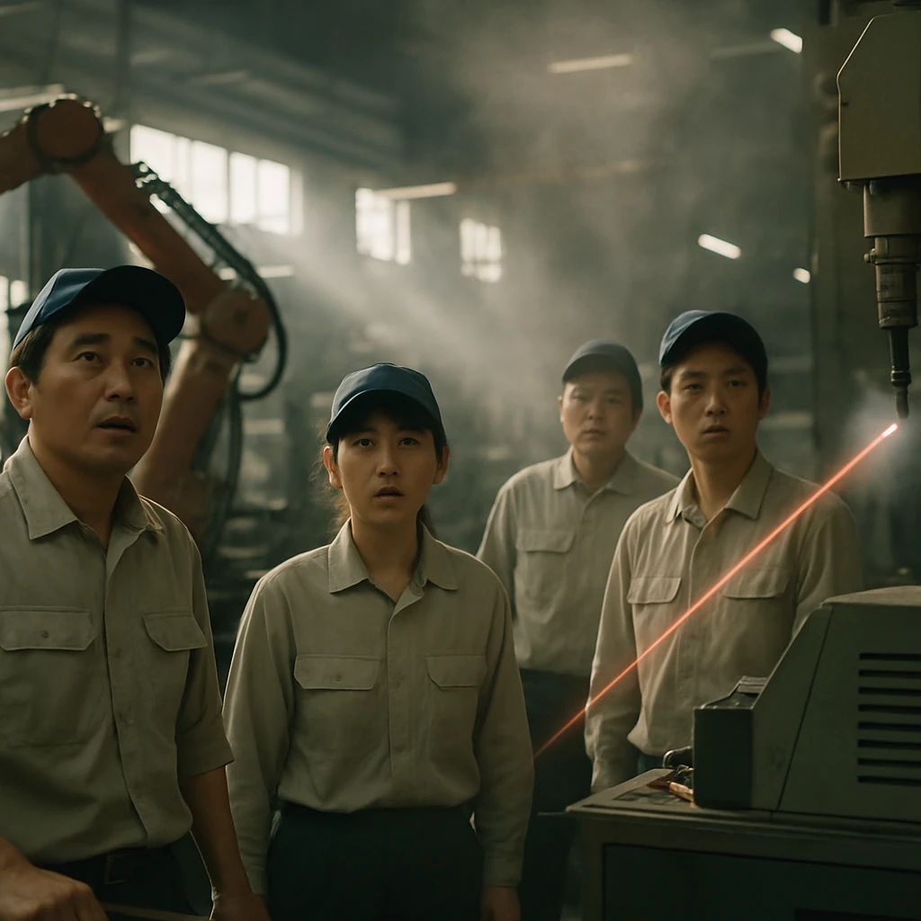 工場内で作業員とロボットが困惑した様子で霞んだ空気を見つめる様子のリアルな写真。