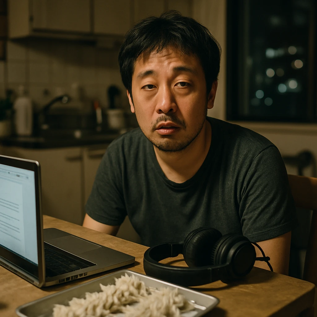 夜のキッチンでパソコン、餃子、DJヘッドホンに囲まれてぼんやり座る30代男性の写真。