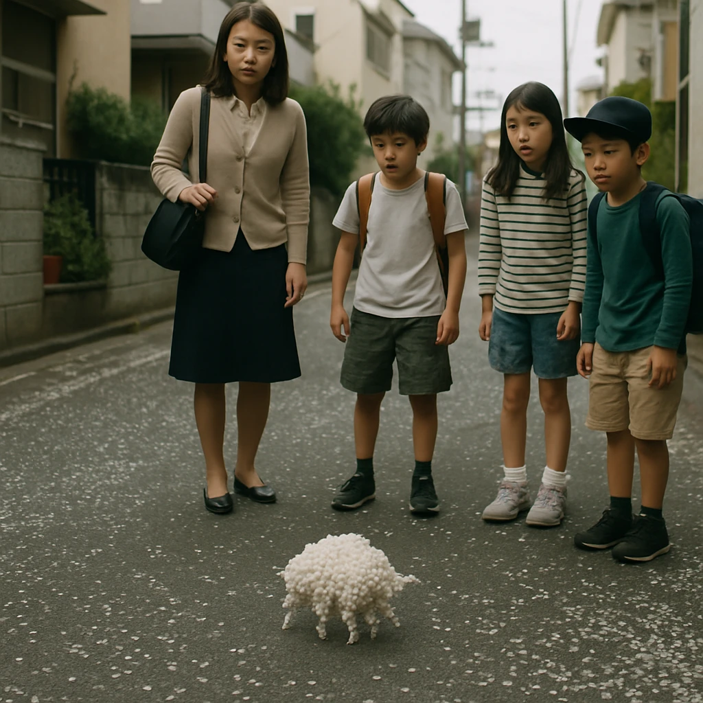 住宅街の道路に無数の小さなプラスチックペレットが広がる中、驚いた表情の住民や子どもたちが歩くペレットの群れを見守っている。