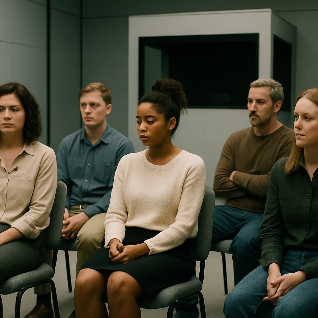 無言で座っている複数の出演者と空席のナレーター席を捉えたテレビ番組スタジオの写真。