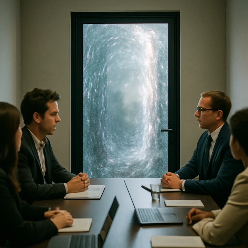 ガラスドアの向こう側に異次元空間がのぞく現代的な会議室風景の写真。