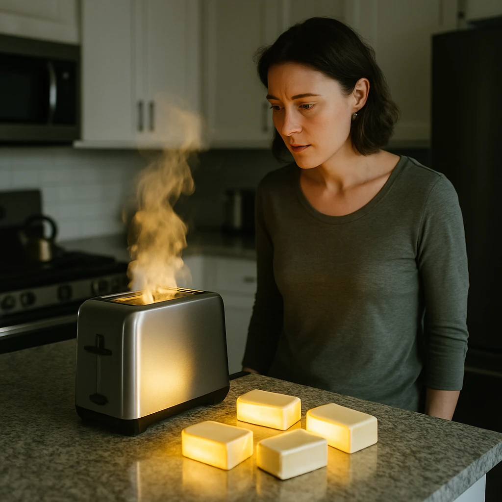 近未来的なキッチンで女性がバターの香りを放つ先進的なトースターのそばに立ち、カウンター上の未開封バターパックがほのかに光っている様子。