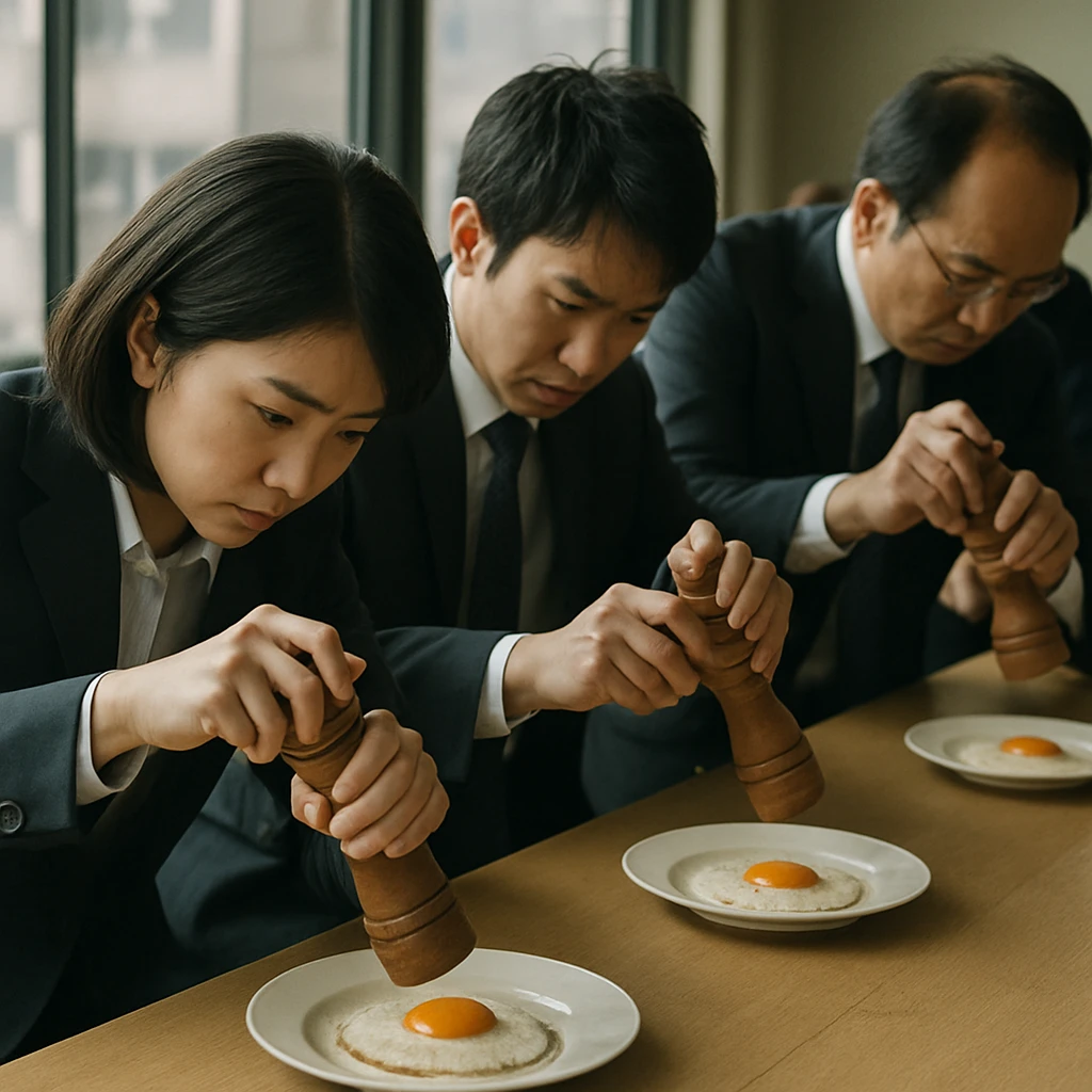 スーツ姿の日本人会社員たちが朝、目玉焼きの上で自分の胡椒ミルから出る胡椒の粒を真剣に数えているテーブルの様子。