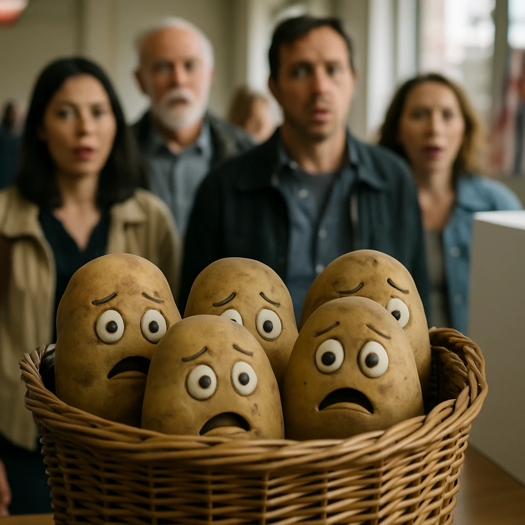 投票所で表情のある大きなじゃがいもたちがバスケットに入れられていて、その後ろに人々が列を作って驚いた様子で見ている写真です。